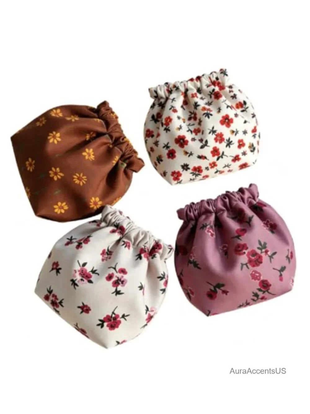 Set of 4 Floral Self-Closing Cosmetic Pouches No Zipper